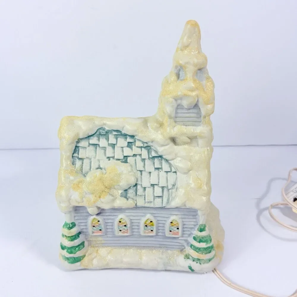 Vintage Lighted Porcelain Christmas Church Village Decor w Box Snowy Chapel Work